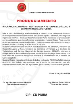 Pronunciamiento del Colegio de Ingenieros de Piura
