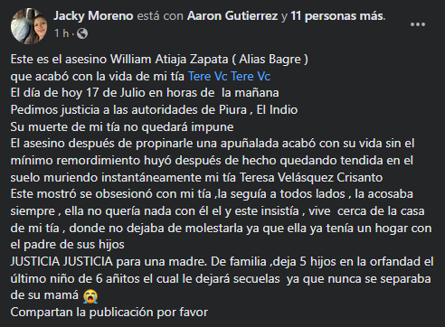 Feminicidio en Piura: mujer muere al ser apuñalada por su expareja en El Indio