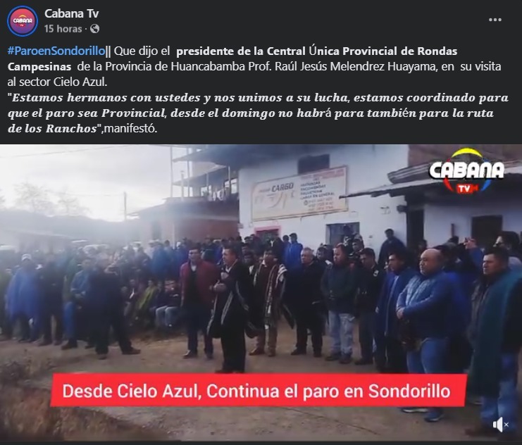 Paro en Sondorillo: instalan más piquetes y anuncian posible paro provincial en Huancabamba